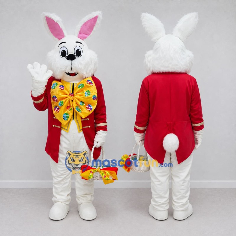 Custom White Red and Yellow Rabbit in Tailcoat Mascot Costume Adult Full Body Suit for Easter Events Custom White Red and Yellow Rabbit in Tailcoat Mascot Costume Adult Full Body Suit for Easter Events