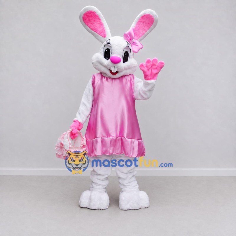 Custom White and Pink Rabbit in Ruffled Dress Mascot Costume Adult Full Body Suit for Easter Events Custom White and Pink Rabbit in Ruffled Dress Mascot Costume Adult Full Body Suit for Easter Events
