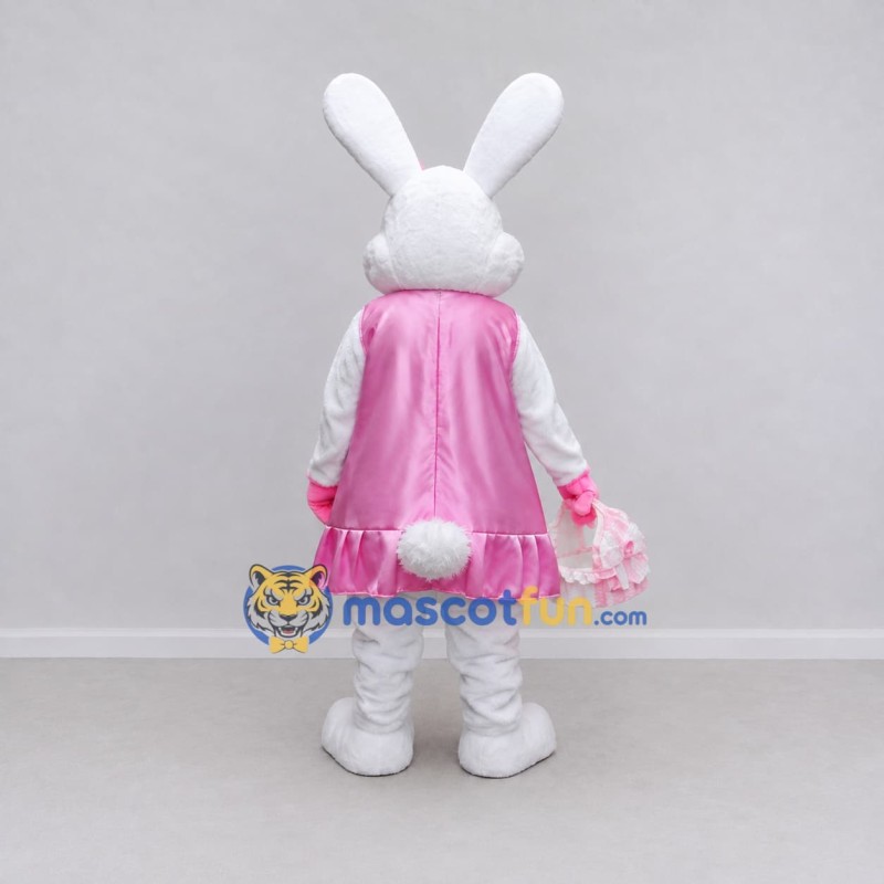 Custom White and Pink Rabbit in Ruffled Dress Mascot Costume Adult Full Body Suit for Easter Events Custom White and Pink Rabbit in Ruffled Dress Mascot Costume Adult Full Body Suit for Easter Events