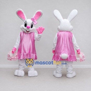 Custom White and Pink Rabbit in Ruffled Dress Mascot Costume Adult Full Body Suit for Easter Events