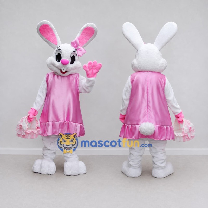 Custom White and Pink Rabbit in Ruffled Dress Mascot Costume Adult Full Body Suit for Easter Events Custom White and Pink Rabbit in Ruffled Dress Mascot Costume Adult Full Body Suit for Easter Events