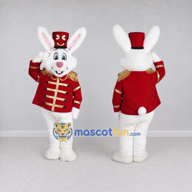 Custom White and Red Rabbit in Marching Band Uniform Mascot Costume Adult Full Body Suit for Parades Custom White and Red Rabbit in Marching Band Uniform Mascot Costume Adult Full Body Suit for Parades