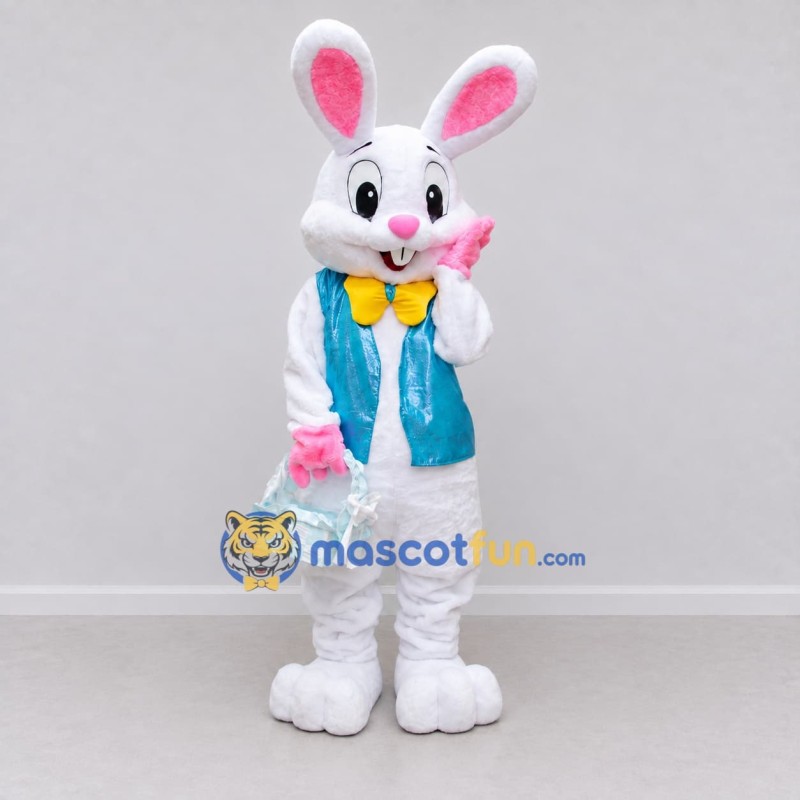 Custom White and Turquoise Rabbit in Vest Mascot Costume Adult Full Body Suit for Easter Events Custom White and Turquoise Rabbit in Vest Mascot Costume Adult Full Body Suit for Easter Events