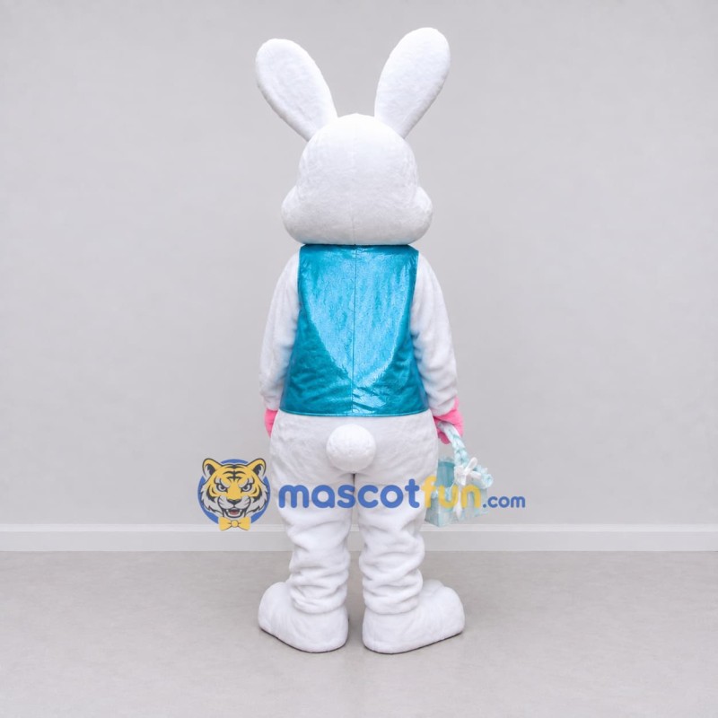 Custom White and Turquoise Rabbit in Vest Mascot Costume Adult Full Body Suit for Easter Events Custom White and Turquoise Rabbit in Vest Mascot Costume Adult Full Body Suit for Easter Events