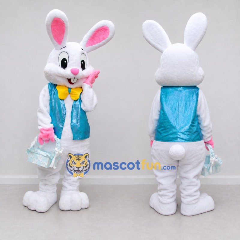 Custom White and Turquoise Rabbit in Vest Mascot Costume Adult Full Body Suit for Easter Events Custom White and Turquoise Rabbit in Vest Mascot Costume Adult Full Body Suit for Easter Events