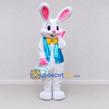 Custom White and Turquoise Rabbit in Vest Mascot Costume Adult Full Body Suit for Easter Events Custom White and Turquoise Rabbit in Vest Mascot Costume Adult Full Body Suit for Easter Events