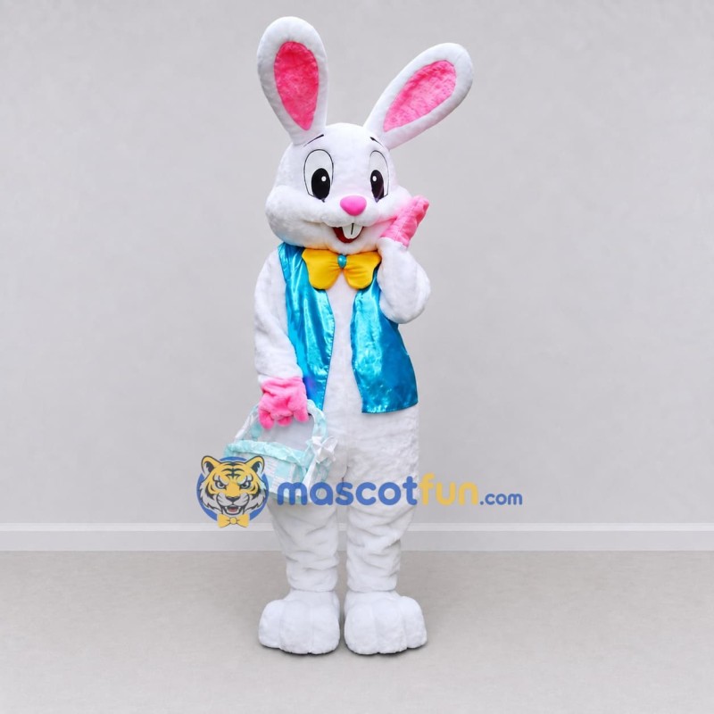 Custom White and Turquoise Rabbit in Vest Mascot Costume Adult Full Body Suit for Easter Events Custom White and Turquoise Rabbit in Vest Mascot Costume Adult Full Body Suit for Easter Events