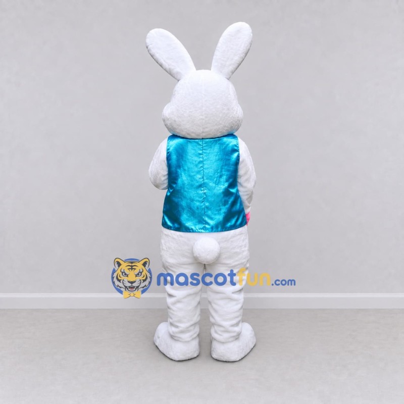 Custom White and Turquoise Rabbit in Vest Mascot Costume Adult Full Body Suit for Easter Events Custom White and Turquoise Rabbit in Vest Mascot Costume Adult Full Body Suit for Easter Events