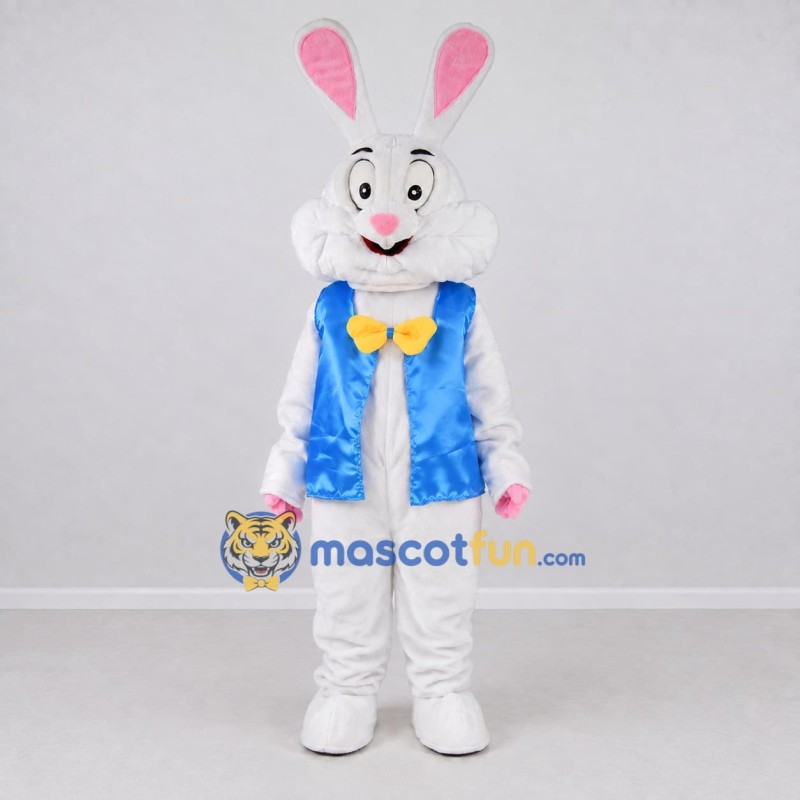 Custom White and Blue Rabbit in Vest Mascot Costume Adult Full Body Suit for Easter Events Custom White and Blue Rabbit in Vest Mascot Costume Adult Full Body Suit for Easter Events