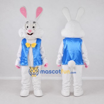 Custom White and Blue Rabbit in Vest Mascot Costume Adult Full Body Suit for Easter Events