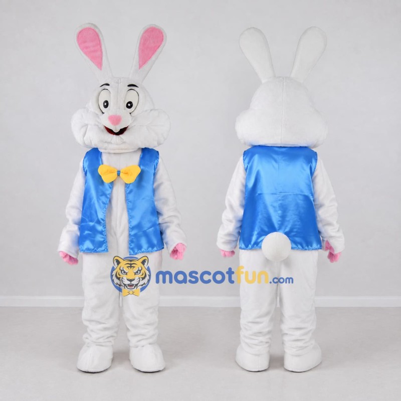 Custom White and Blue Rabbit in Vest Mascot Costume Adult Full Body Suit for Easter Events Custom White and Blue Rabbit in Vest Mascot Costume Adult Full Body Suit for Easter Events