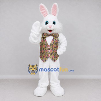 Custom White and Multicolor Rabbit in Patterned Vest Mascot Costume Adult Full Body Suit for Easter Events Custom White and Multicolor Rabbit in Patterned Vest Mascot Costume Adult Full Body Suit for Easter Events