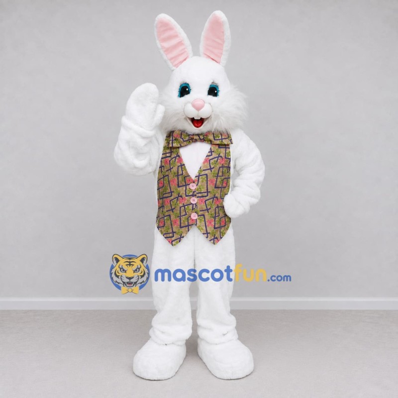 Custom White and Multicolor Rabbit in Patterned Vest Mascot Costume Adult Full Body Suit for Easter Events Custom White and Multicolor Rabbit in Patterned Vest Mascot Costume Adult Full Body Suit for Easter Events