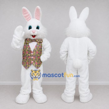 Custom White and Multicolor Rabbit in Patterned Vest Mascot Costume Adult Full Body Suit for Easter Events