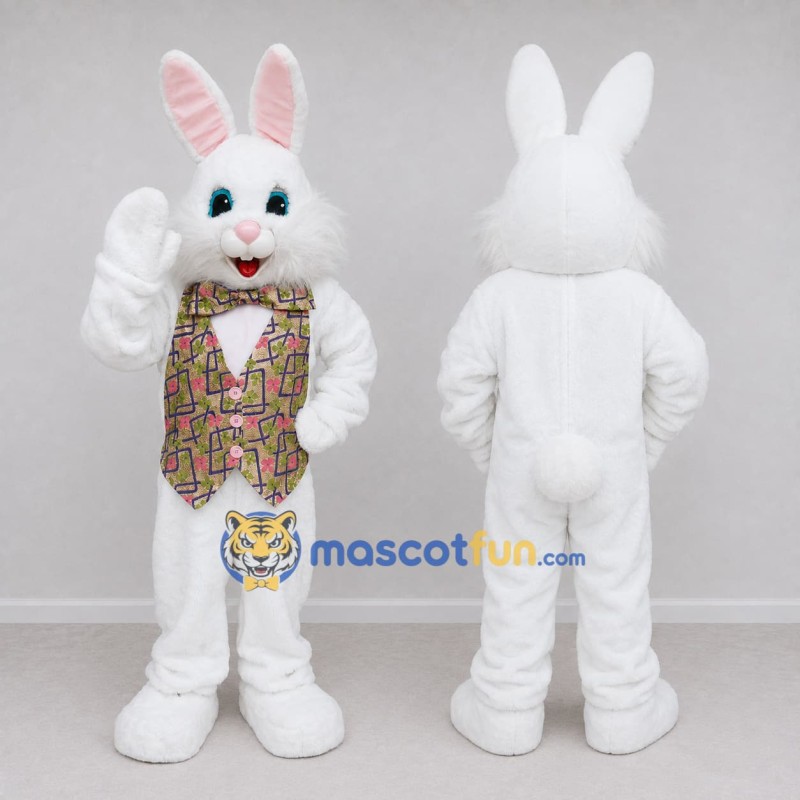 Custom White and Multicolor Rabbit in Patterned Vest Mascot Costume Adult Full Body Suit for Easter Events Custom White and Multicolor Rabbit in Patterned Vest Mascot Costume Adult Full Body Suit for Easter Events