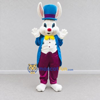 Custom White Blue and Purple Rabbit in Top Hat Mascot Costume Adult Full Body Suit for Easter Events Custom White Blue and Purple Rabbit in Top Hat Mascot Costume Adult Full Body Suit for Easter Events