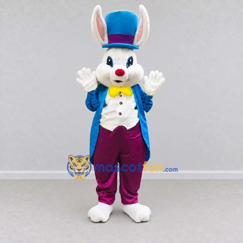 Custom White Blue and Purple Rabbit in Top Hat Mascot Costume Adult Full Body Suit for Easter Events Custom White Blue and Purple Rabbit in Top Hat Mascot Costume Adult Full Body Suit for Easter Events
