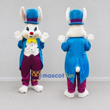 Custom White Blue and Purple Rabbit in Top Hat Mascot Costume Adult Full Body Suit for Easter Events