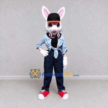 Custom White Blue and Black Rabbit with Headphones Mascot Costume Adult Full Body Suit for Music Events Custom White Blue and Black Rabbit with Headphones Mascot Costume Adult Full Body Suit for Music Events