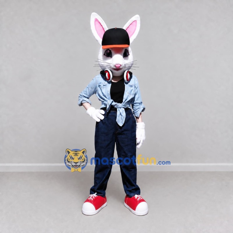 Custom White Blue and Black Rabbit with Headphones Mascot Costume Adult Full Body Suit for Music Events