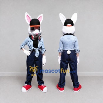 Custom White Blue and Black Rabbit with Headphones Mascot Costume Adult Full Body Suit for Music Events