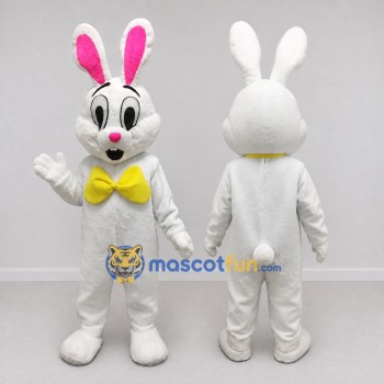 Custom White and Yellow Rabbit with Bow Tie Mascot Costume Adult Full Body Suit for Easter Events
