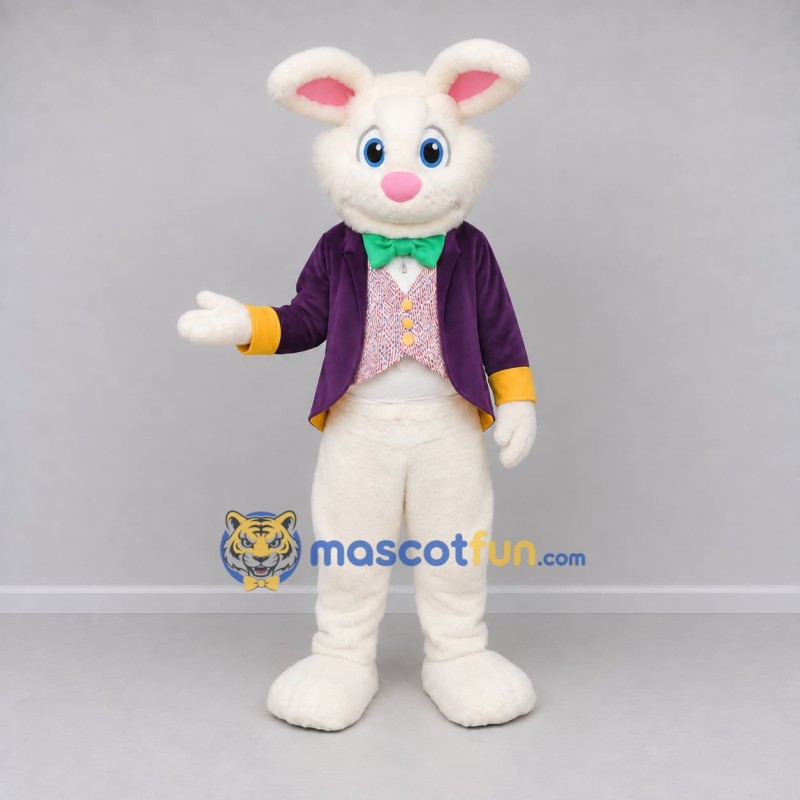 Custom White and Purple Rabbit in Jacket Mascot Costume Adult Full Body Suit for Easter Events Custom White and Purple Rabbit in Jacket Mascot Costume Adult Full Body Suit for Easter Events