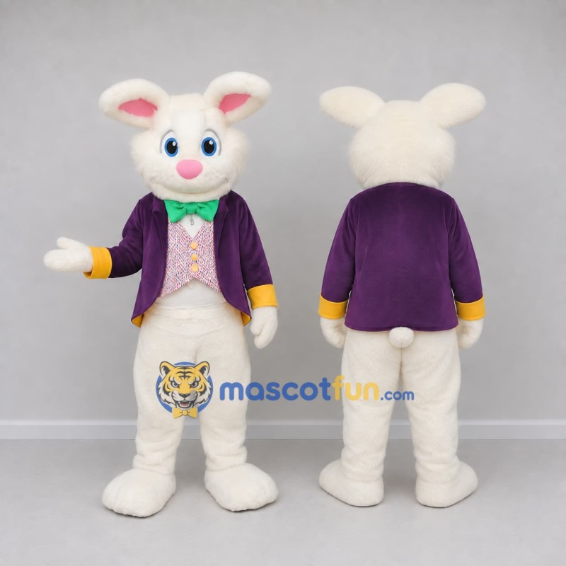 Custom White and Purple Rabbit in Jacket Mascot Costume Adult Full Body Suit for Easter Events Custom White and Purple Rabbit in Jacket Mascot Costume Adult Full Body Suit for Easter Events
