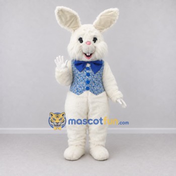 Custom Cream and Blue Rabbit in Patterned Vest Mascot Costume Adult Full Body Suit for Easter Events Custom Cream and Blue Rabbit in Patterned Vest Mascot Costume Adult Full Body Suit for Easter Events