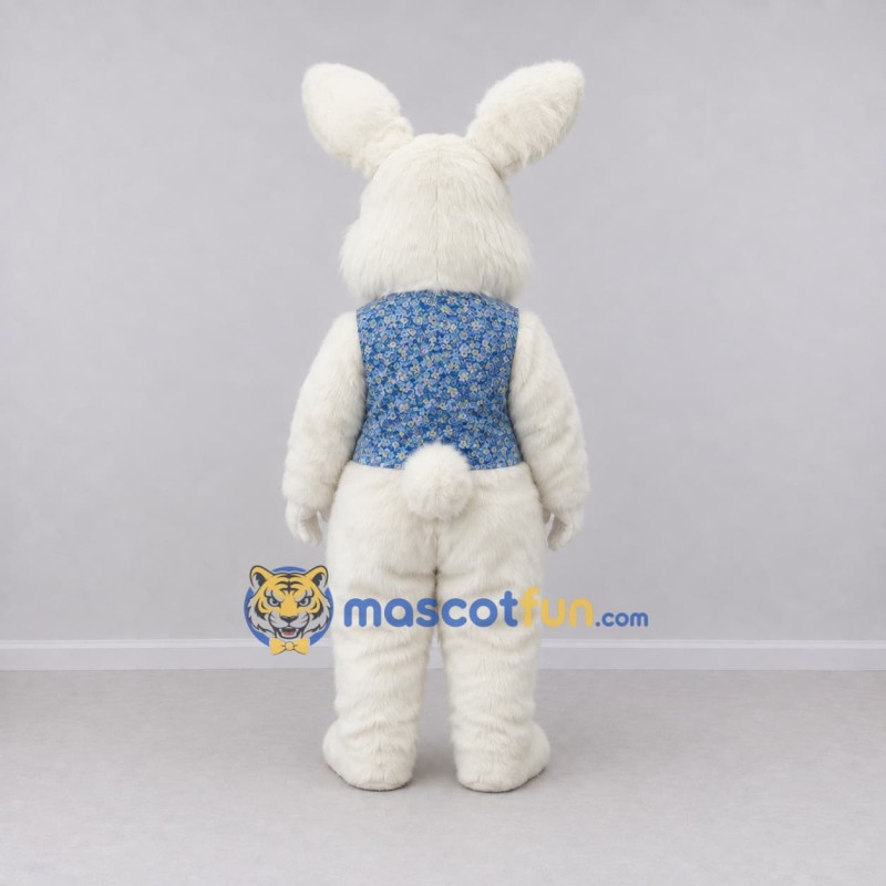 Custom Cream and Blue Rabbit in Patterned Vest Mascot Costume Adult Full Body Suit for Easter Events Custom Cream and Blue Rabbit in Patterned Vest Mascot Costume Adult Full Body Suit for Easter Events