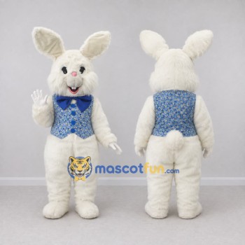 Custom Cream and Blue Rabbit in Patterned Vest Mascot Costume Adult Full Body Suit for Easter Events
