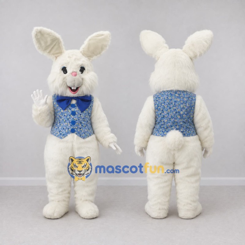Custom Cream and Blue Rabbit in Patterned Vest Mascot Costume Adult Full Body Suit for Easter Events Custom Cream and Blue Rabbit in Patterned Vest Mascot Costume Adult Full Body Suit for Easter Events