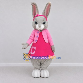 Custom Gray and Pink Rabbit in Dress Mascot Costume Adult Full Body Suit for Easter Events Custom Gray and Pink Rabbit in Dress Mascot Costume Adult Full Body Suit for Easter Events