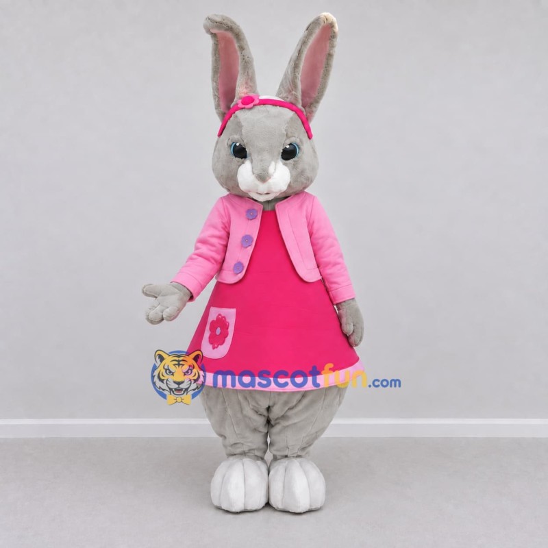 Custom Gray and Pink Rabbit in Dress Mascot Costume Adult Full Body Suit for Easter Events