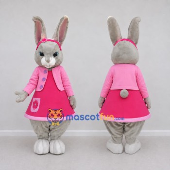 Custom Gray and Pink Rabbit in Dress Mascot Costume Adult Full Body Suit for Easter Events