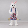 Custom White Pink and Blue Rabbit in Plaid Overalls Mascot Costume Adult Full Body Suit for Easter Events Custom White Pink and Blue Rabbit in Plaid Overalls Mascot Costume Adult Full Body Suit for Easter Events