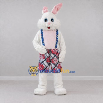 Custom White Pink and Blue Rabbit in Plaid Overalls Mascot Costume Adult Full Body Suit for Easter Events Custom White Pink and Blue Rabbit in Plaid Overalls Mascot Costume Adult Full Body Suit for Easter Events