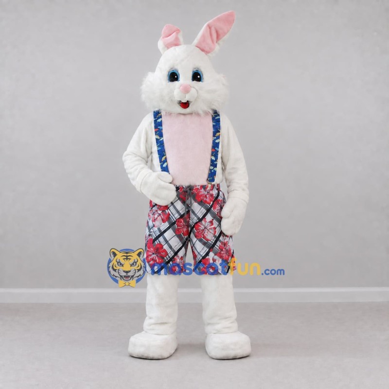 Custom White Pink and Blue Rabbit in Plaid Overalls Mascot Costume Adult Full Body Suit for Easter Events Custom White Pink and Blue Rabbit in Plaid Overalls Mascot Costume Adult Full Body Suit for Easter Events
