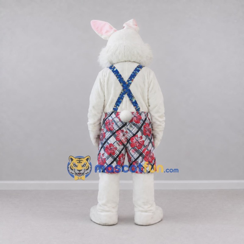 Custom White Pink and Blue Rabbit in Plaid Overalls Mascot Costume Adult Full Body Suit for Easter Events Custom White Pink and Blue Rabbit in Plaid Overalls Mascot Costume Adult Full Body Suit for Easter Events