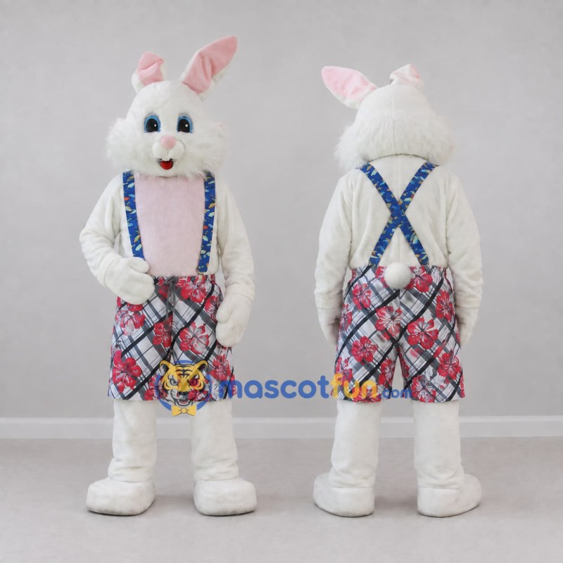 Custom White Pink and Blue Rabbit in Plaid Overalls Mascot Costume Adult Full Body Suit for Easter Events Custom White Pink and Blue Rabbit in Plaid Overalls Mascot Costume Adult Full Body Suit for Easter Events