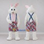 Custom White Pink and Blue Rabbit in Plaid Overalls Mascot Costume Adult Full Body Suit for Easter Events