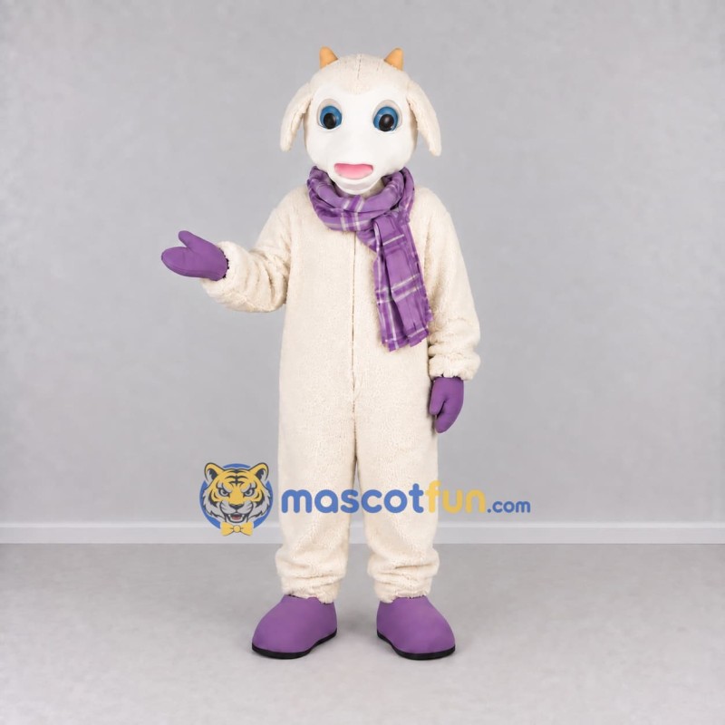 Custom Cream and Purple Goat with Scarf Mascot Costume Adult Full Body Suit for Farm Events