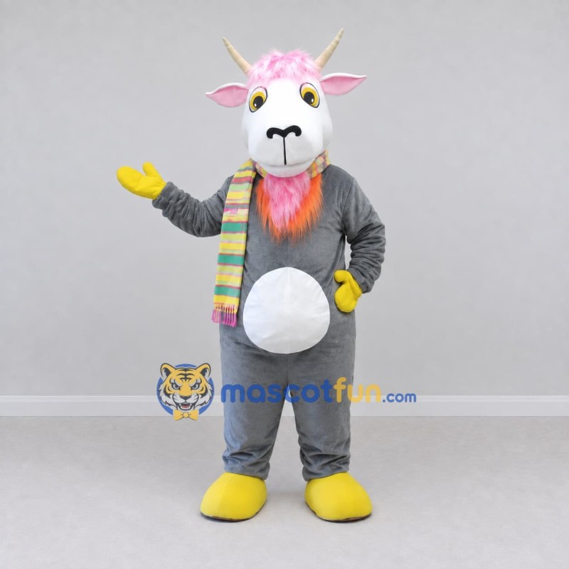 Custom Gray White and Yellow Goat with Scarf Mascot Costume Adult Full Body Suit for Farm Events Custom Gray White and Yellow Goat with Scarf Mascot Costume Adult Full Body Suit for Farm Events