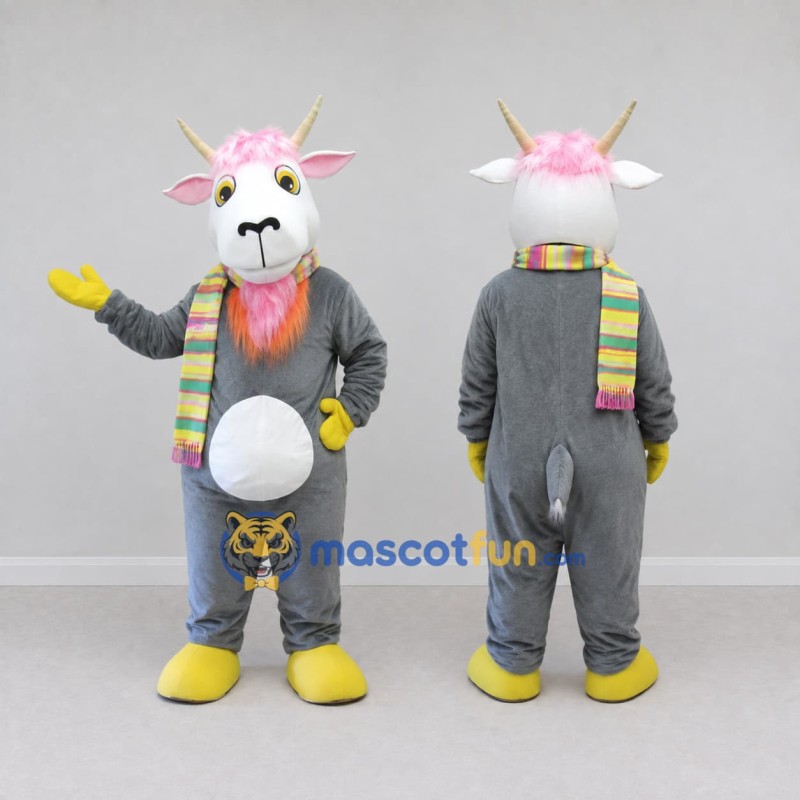 Custom Gray White and Yellow Goat with Scarf Mascot Costume Adult Full Body Suit for Farm Events Custom Gray White and Yellow Goat with Scarf Mascot Costume Adult Full Body Suit for Farm Events