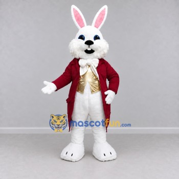 Custom White Burgundy and Gold Rabbit in Tailcoat Mascot Costume Adult Full Body Suit for Easter Events Custom White Burgundy and Gold Rabbit in Tailcoat Mascot Costume Adult Full Body Suit for Easter Events