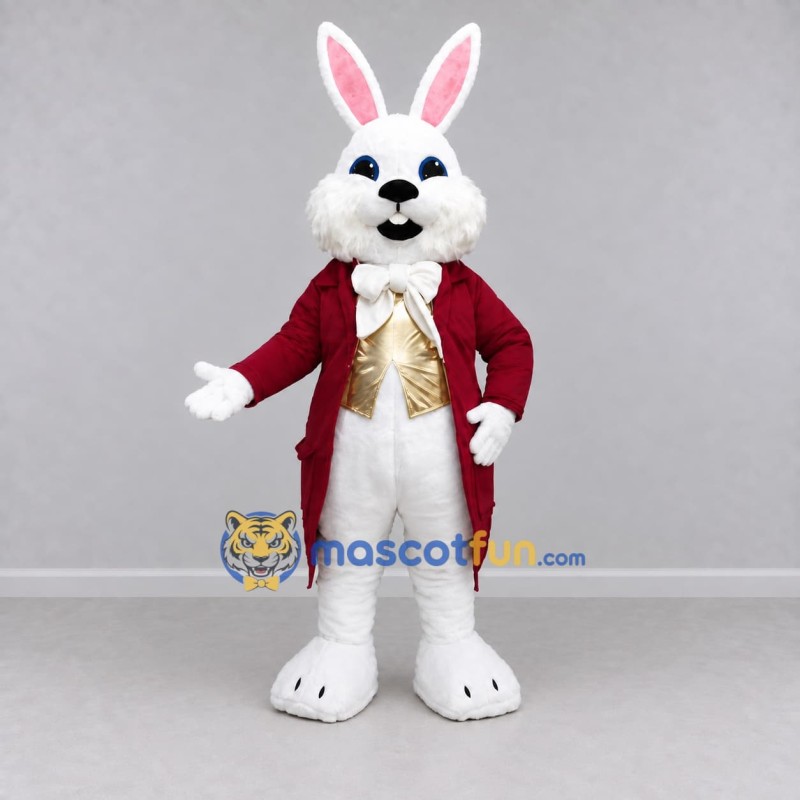 Custom White Burgundy and Gold Rabbit in Tailcoat Mascot Costume Adult Full Body Suit for Easter Events Custom White Burgundy and Gold Rabbit in Tailcoat Mascot Costume Adult Full Body Suit for Easter Events