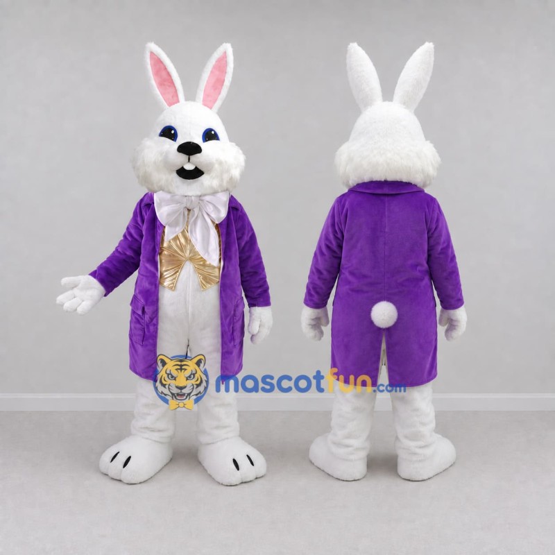 Custom White Purple and Gold Rabbit in Tailcoat Mascot Costume Adult Full Body Suit for Easter Events Custom White Purple and Gold Rabbit in Tailcoat Mascot Costume Adult Full Body Suit for Easter Events