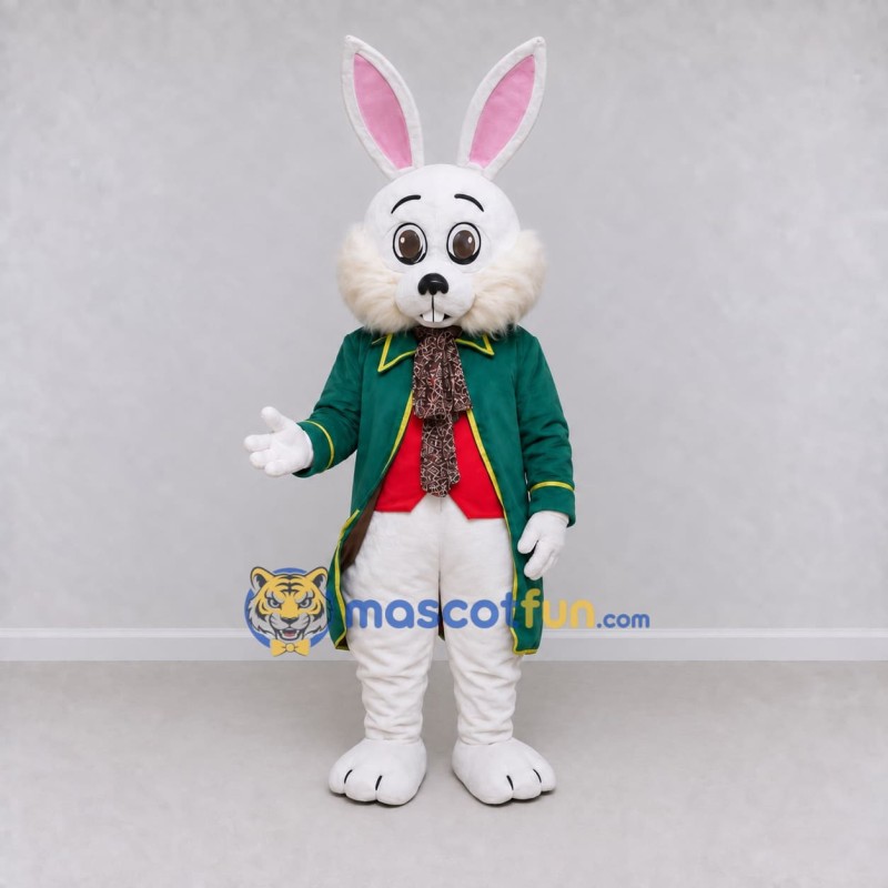 Custom White and Green Rabbit in Coat Mascot Costume Adult Full Body Suit for Easter Events Custom White and Green Rabbit in Coat Mascot Costume Adult Full Body Suit for Easter Events