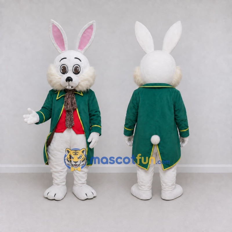 Custom White and Green Rabbit in Coat Mascot Costume Adult Full Body Suit for Easter Events Custom White and Green Rabbit in Coat Mascot Costume Adult Full Body Suit for Easter Events