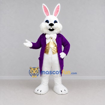 Custom White Purple and Gold Rabbit in Tailcoat Mascot Costume Adult Full Body Suit for Easter Events Custom White Purple and Gold Rabbit in Tailcoat Mascot Costume Adult Full Body Suit for Easter Events